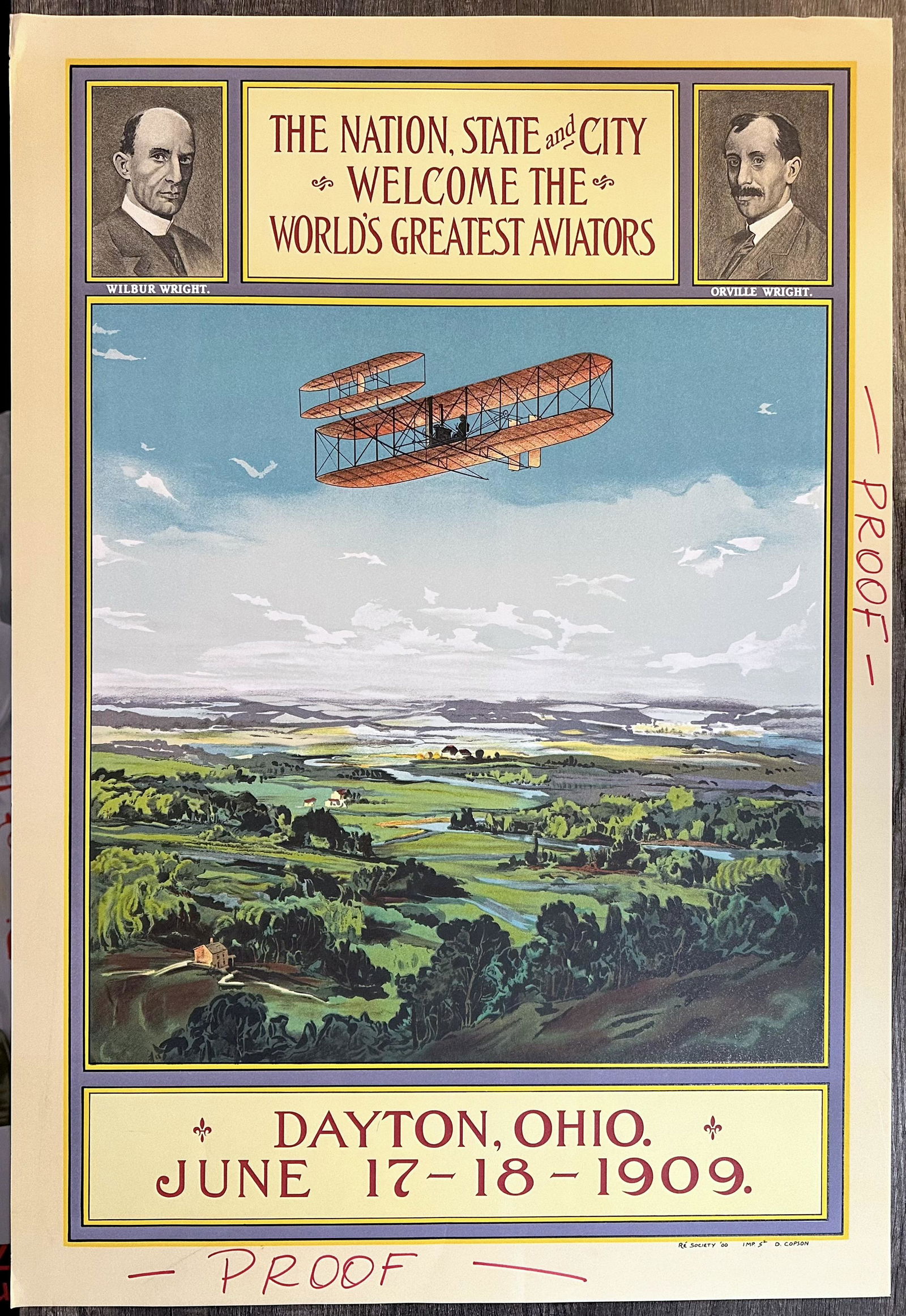 Dayton Ohio Air Aviation Show PROOF: Dayton Ohio Air Aviation Show Ad PROOFis a hand pulled Lithograph stamped PROOF on Rives BFK Paper. The proof was printed on an antique French Marinoni Vaoirin flat bed press. Measures 31 x 21 in.