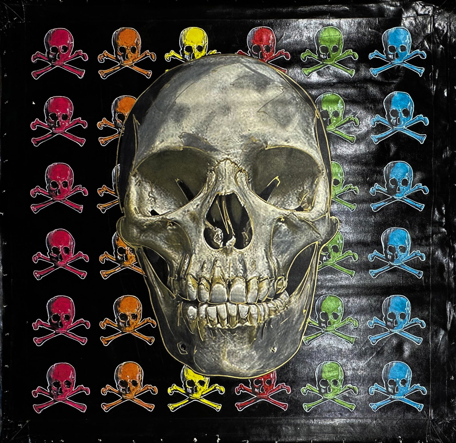 Skulls and Cross Bones MC by Steve Kaufman: Skulls and Cross Bones Multi Color by Steve Kaufmanis a unique hand pulled silkscreen mixed media on canvas and is hand signed by Steve Kaufman. Due to the nature of the canvas, these will need to be