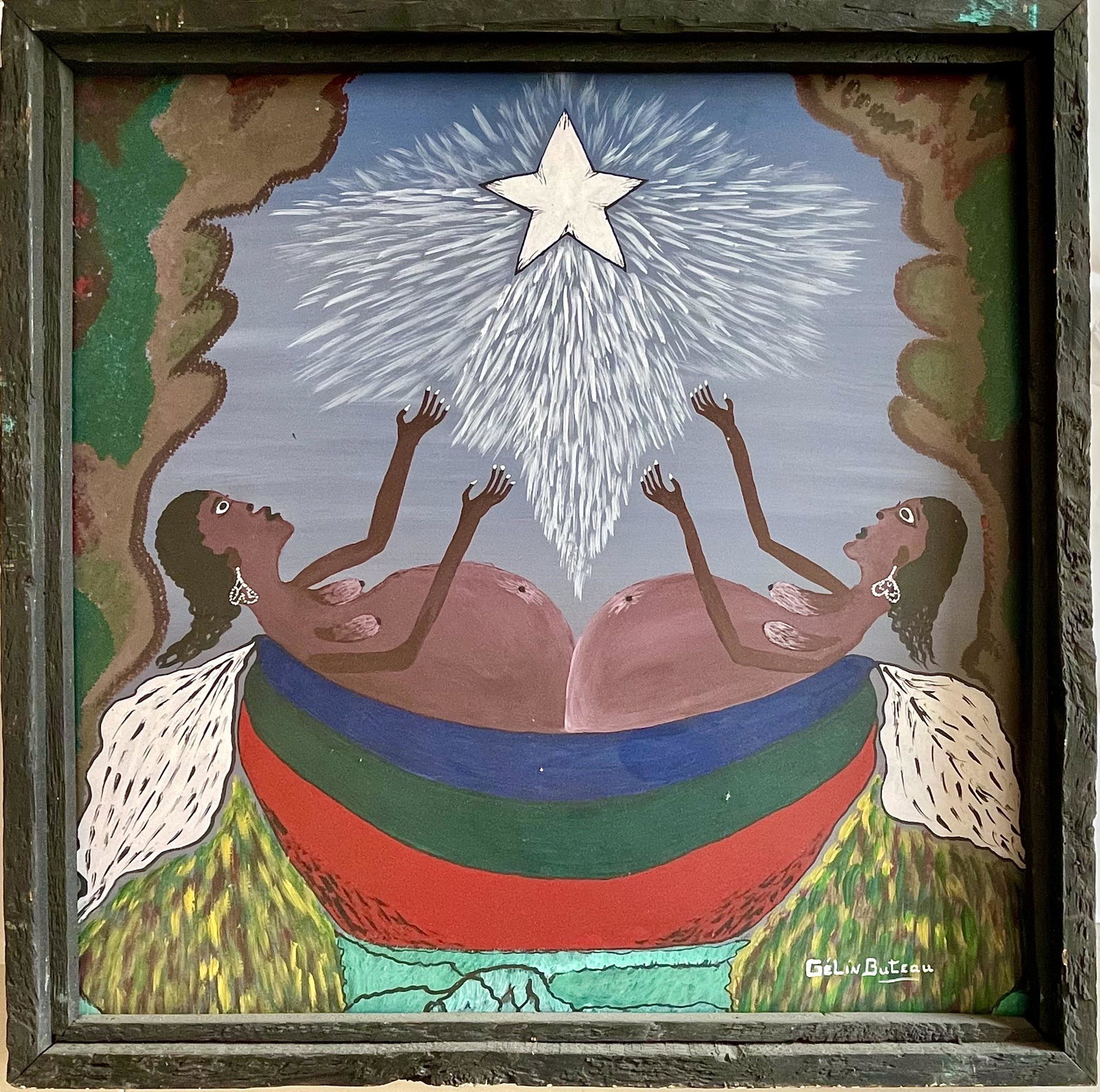 Original Haitian Painting by Gelin Buteau: Original Haitian Painting by Gelin ButeauGelin Buteau was born in 1954 in the village of Coteau, near Cayes in the far south of Haiti. His father was a cabinet–maker, and Buteau joined his busin