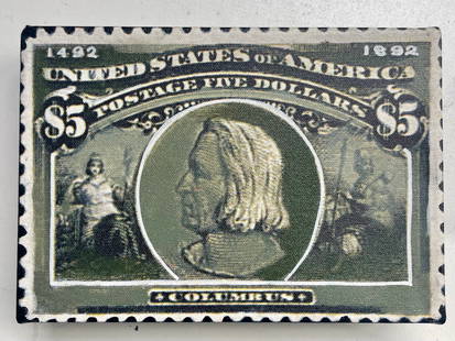 Columbus 1492 5 Dollars by Steve Kaufman SAK: "Columbus 1492 5 Dollars" by Steve Kaufman SAK. Steve Kaufman SAK created this postage stamp inspired collection for an avid stamp collector after his stroke recovery. This pieces is hand si