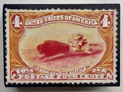 Indian Hunting Buffalo 4 Cents by Steve Kaufman SAK: "Indian Hunting Buffalo 4 Cents" by Steve Kaufman SAK. Steve Kaufman SAK created this postage stamp inspired collection for an avid stamp collector after his stroke recovery. This pieces is