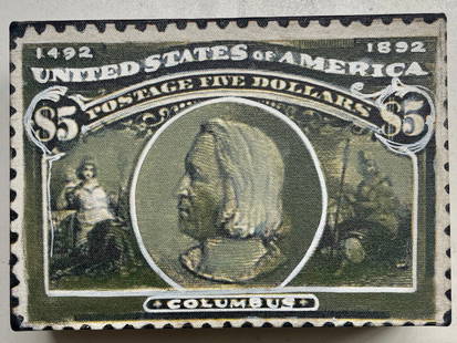 Columbus 5 Dollars by Steve Kaufman SAK: "Columbus 5 Dollars" by Steve Kaufman SAK. Steve Kaufman SAK created this postage stamp inspired collection for an avid stamp collector after his stroke recovery. This pieces is hand signed