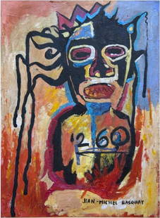 Thorns by Jean Michel Basquiat: Thorns by Jean Michel Basquiatis an original signed oil painting on cardboard. Painting is flat mounted and in verso has 1983 which is presumed date of painting and name of painting is Thorns. The