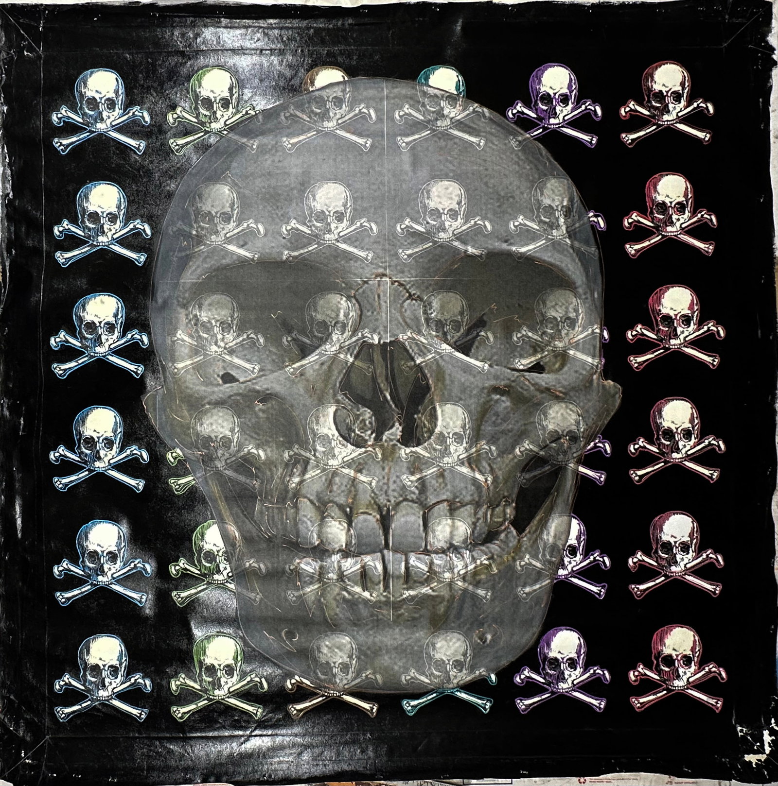 Skulls and Cross Bones by Steve Kaufman: Skulls and Cross Bones by Steve Kaufmanis a unique hand pulled silkscreen mixed media on canvas and is hand signed by Steve Kaufman. Due to the nature of the canvas, these will need to be stretched or