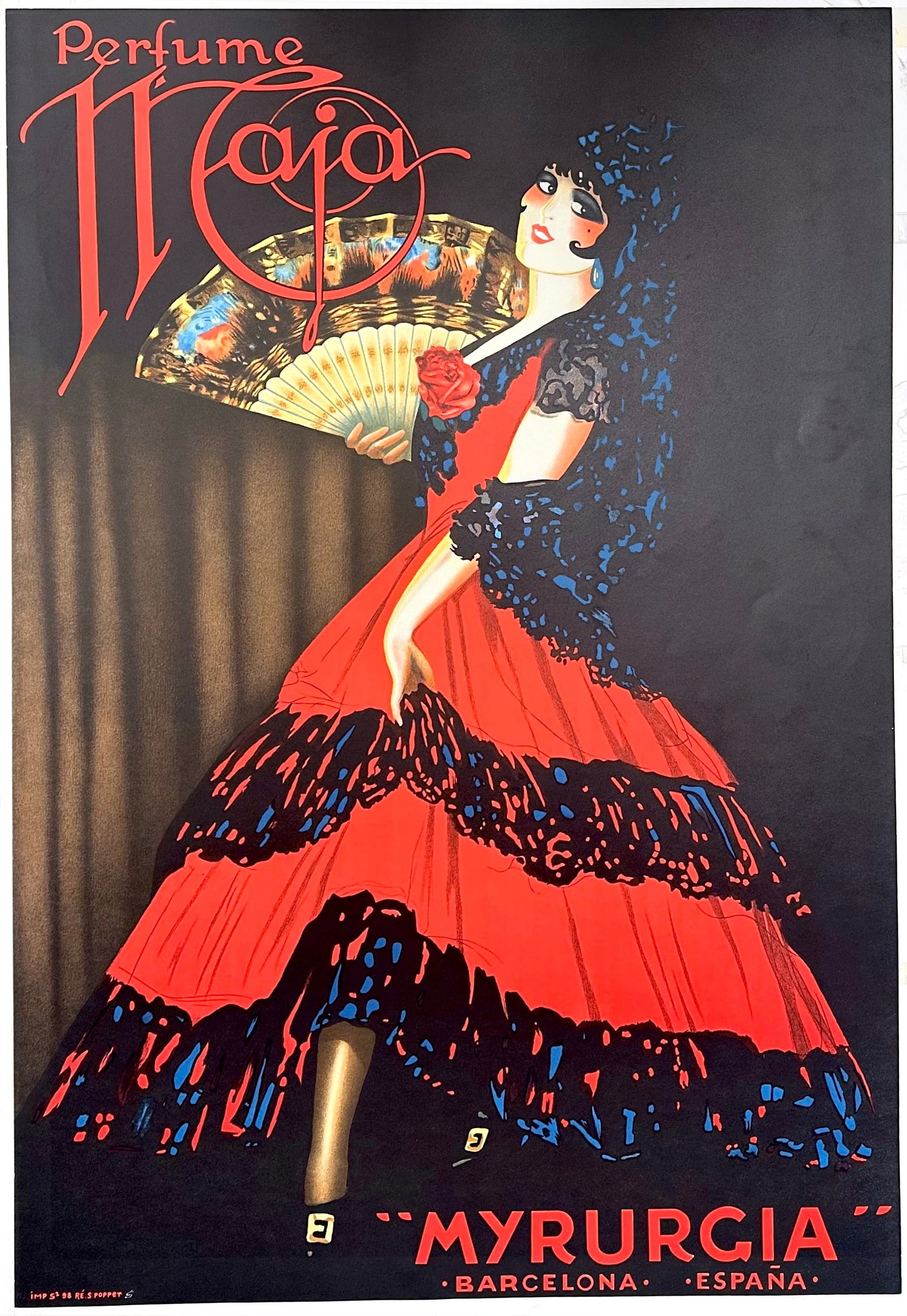 Perfume Maja Myrurgia by Robert Falucci: Perfume Maja Myrurgia by Robert Falucciis a hand pulled, fine art poster lithograph of the original advertising poster in 1939 to advertise the Maja Myrurgia Spanish perfume. It is sequentially number