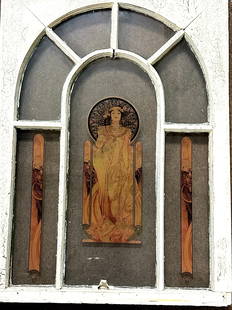 Antique Arch Window Denise LaBrecque Collection: Antique Arch Window Denise LaBrecque Collectionis a unique arch antique window featuring an Alphonse Mucha image. Measures 35 x 26 in.