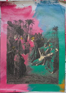 Jesus Healing the Lunatic by Steve Kaufman: Jesus Healing the Lunatic by Steve Kaufmanis a unique hand pulled silkscreen mixed media on canvas and is hand signed by Steve Kaufman. Due to the nature of the canvas, these will need to be stretched