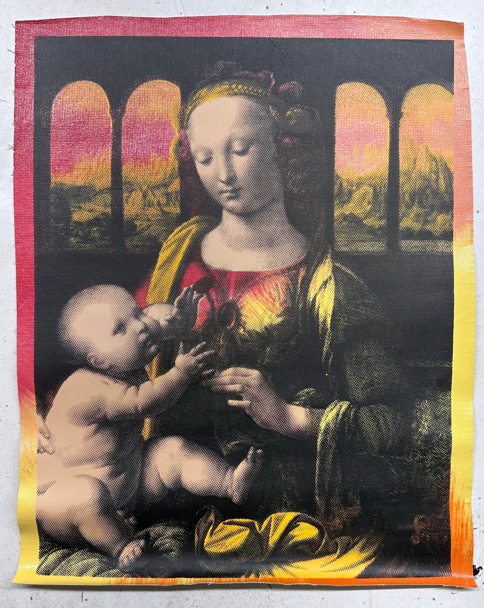 Madonna of the Carnation by Steve Kaufman: Madonna of the Carnation by Steve Kaufmanis a unique hand pulled silkscreen mixed media on canvas and is hand signed by Steve Kaufman. Due to the nature of the canvas, these will need to be stretched