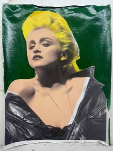 Madonna True Blue – Green by Steve Kaufman: Madonna True Blue Era – Green by Steve Kaufmanis a unique hand pulled silkscreen mixed media on canvas and is hand signed by Steve Kaufman. Due to the nature of the canvas, these will need to be