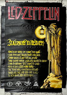 Led Zeppelin Stairway to Heaven by Steve Kaufman: Led Zeppelin Stairway to Heaven by Steve Kaufmanis a unique hand pulled silkscreen mixed media on canvas and is hand signed by Steve Kaufman. Due to the nature of the canvas, these will need to be str