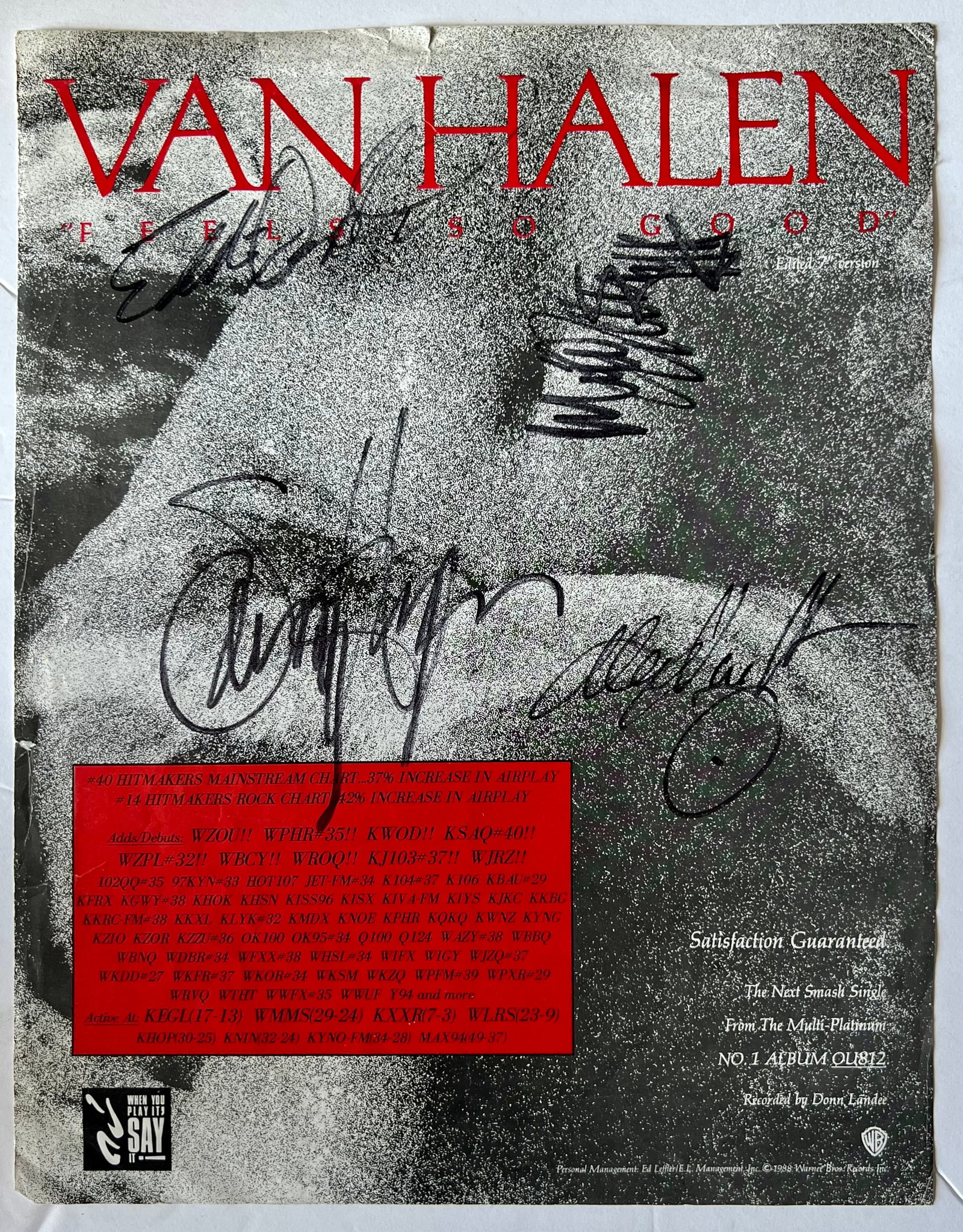 Signed Van Halen Hitmakers Magazine Cover: Signed Van Halen Feels So Goodis a Hitmakers Magazine Cover signed by Eddie Van Halen, Michael Anthony, Alex Van Halen, Sammy Hagar. This piece came from a private collector with unknown origination a