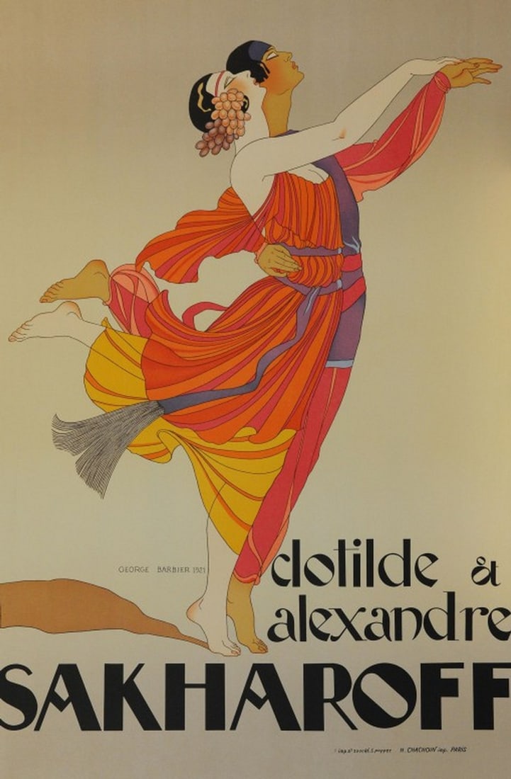 Clotilde and Alexandre Sakharoff by George Barbier: Clotilde and Alexandre Sakharoff by George Barbieris a fine art lithograph ulled through an 1800s French Marinoni Voirin printing press on Coventry paper. The lithograph is sequentially numbered 39 in