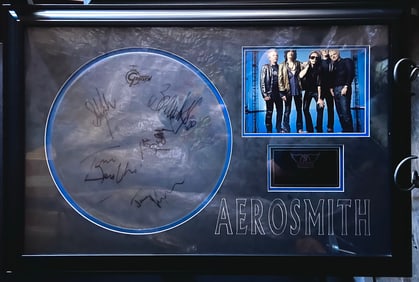 Signed Aerosmith Drumhead Plaque