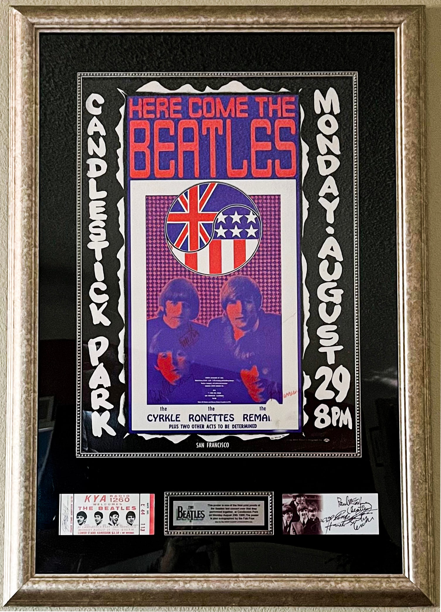Signed Here Comes the Beatles Concert Plaque: Signed Here Comes the Beatles Concert Poster, Tickets Plaqueis a framed collectible and signed by Paul McCartney, John Lennon, George Harrison, Ringo Starr. Due to the reflective nature of the glass,