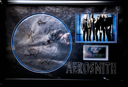 Signed Aerosmith Drumhead Plaque