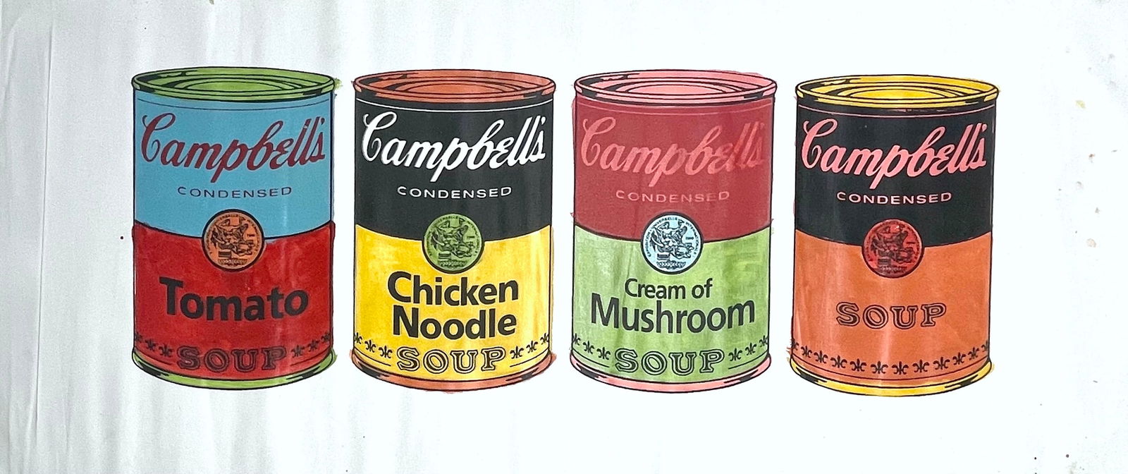 4 Campbells Soup Cans: 4 Campbells Soup Cans by Steve Kaufmanis a unique hand pulled silkscreen mixed media on canvas and is hand signed by Steve Kaufman. Due to the nature of the canvas, these will need to be stretched or