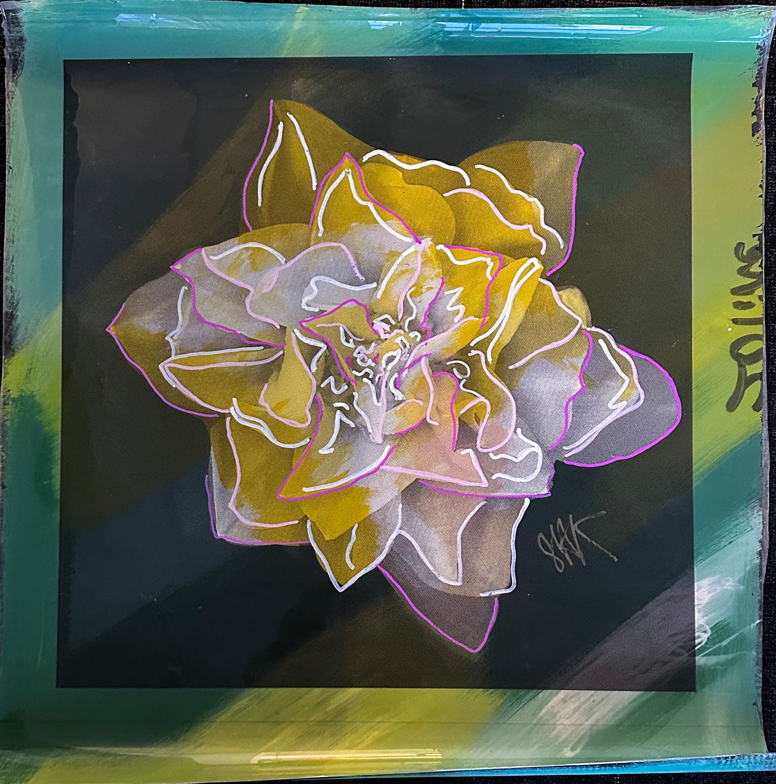 Yellow Rose Cel: Yellow Rose Cel by Steve Kaufmanis an Original Production Cel hand signed by Steve Kaufman. Steve Kaufman was the apprentice of Andy Warhol. This piece came from The Bobby RAW Womack Estate. Bobby RAW