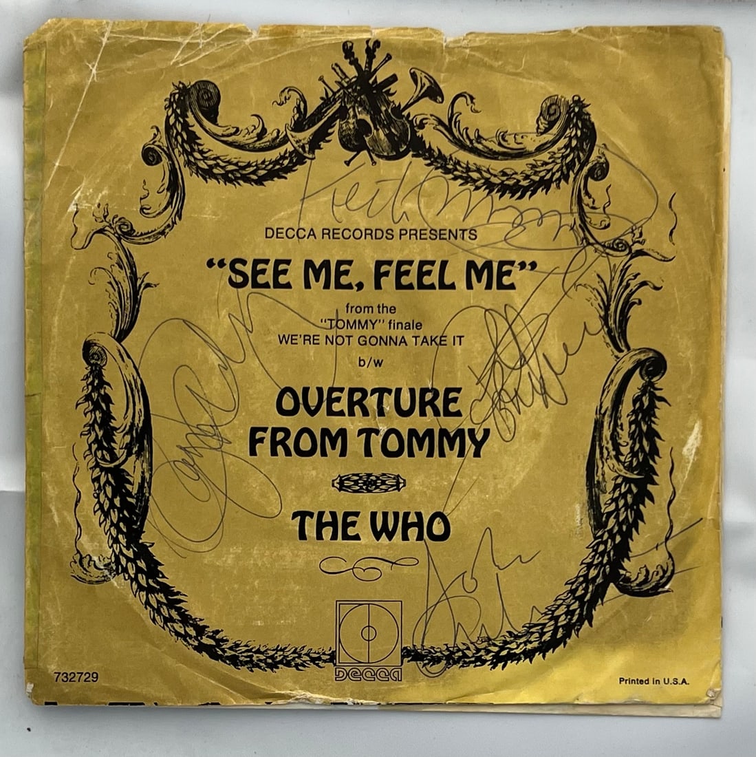 Signed The Who 45 Record LP: Signed The Who See Me, Feel Me 45 Record LPis signed by Roger Daltrey, Pete Townshend, John Entwhistle, Keith Moon. This piece came from a private collector with unknown origination and authentication