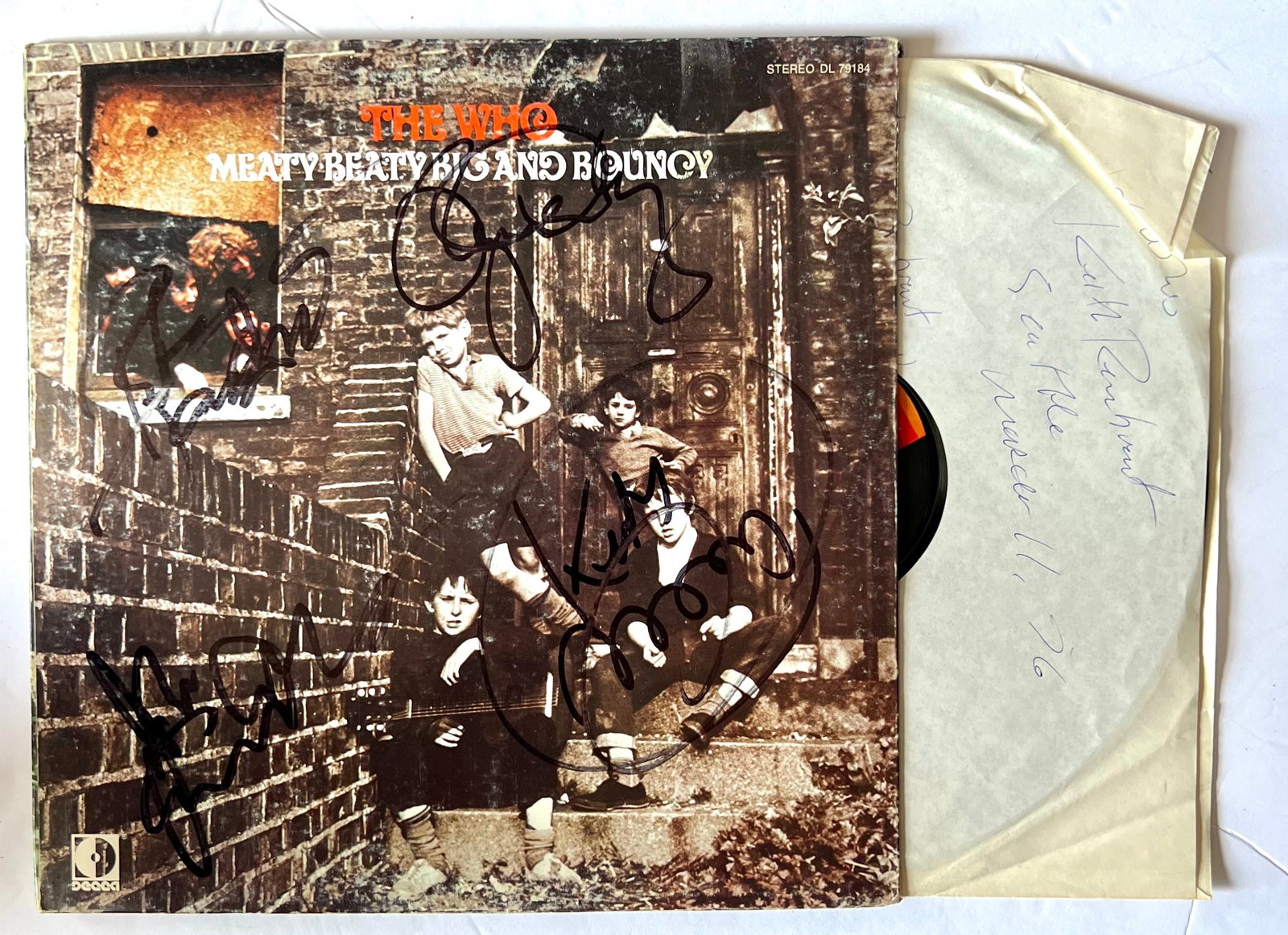 Signed The Who Album with LP: Signed The Who Meaty Beaty Big and Bouncyis an album cover with LP signed by Roger Daltrey, Pete Townshend, John Entwhistle, Keith Moon. This piece came from a private collector with unknown originati
