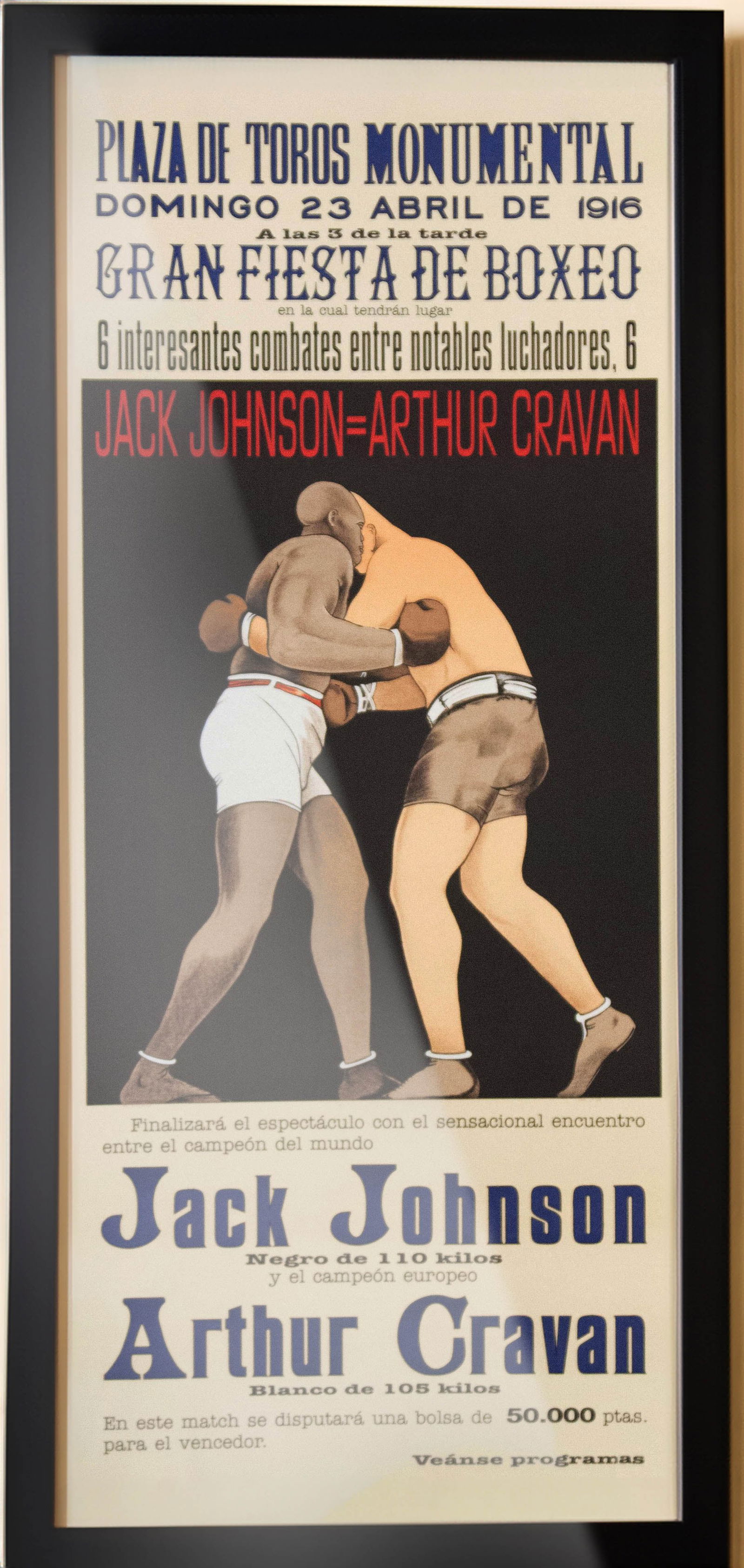 Framed Jack Johnson and Arthur Cravan Match: Framed Jack Johnson and Arthur Cravan Boxing Matchis a hand pulled fine art lithograph on an antique French Marinoni Voirin printing press on Rives BFK cotton paper. This is not a reprint or reproduct