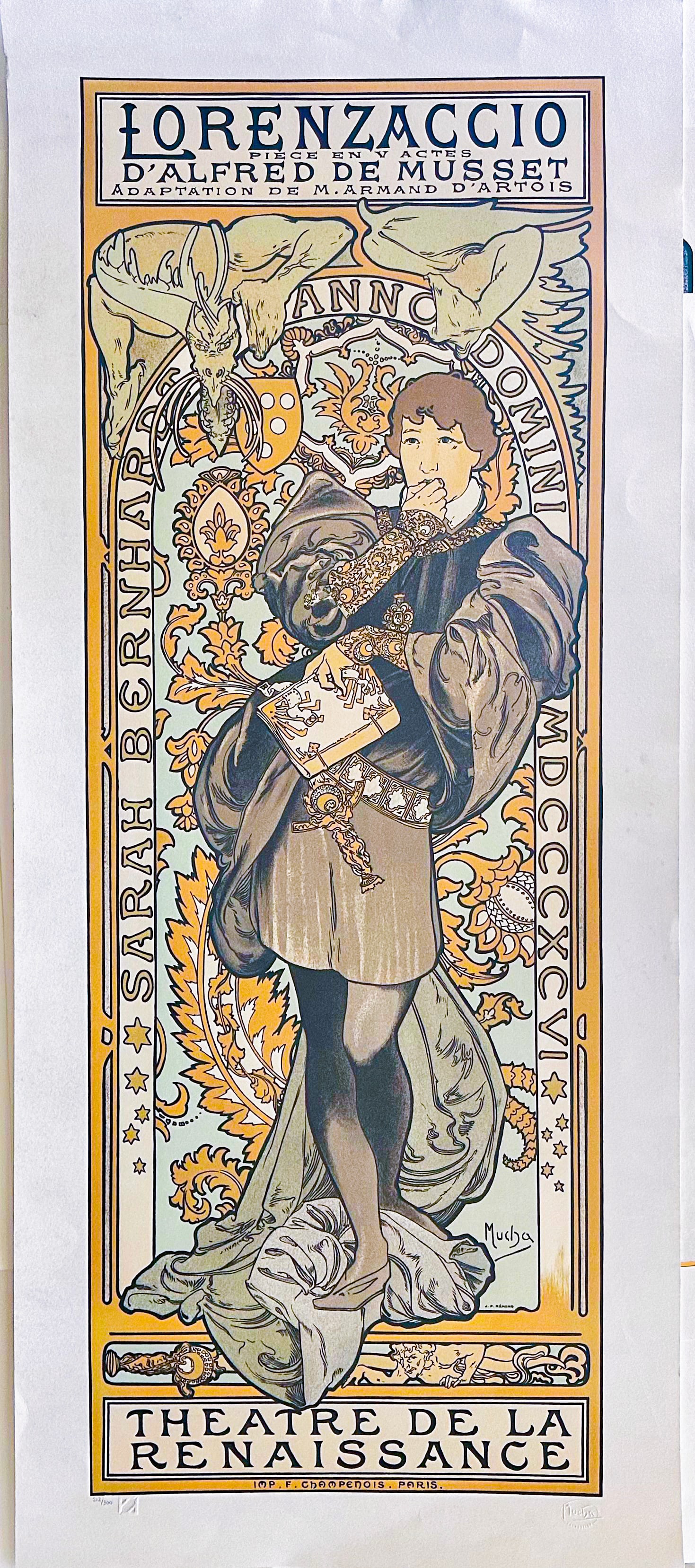 Lorenzaccio by Alphonse Mucha: Lorenzaccio by Alphonse Muchais a Fine Art hand pulled Lithograph. Recreated from the original image by Alphonse Mucha under the endorsement of The Mucha Foundation. The lithograph was pulled on rives