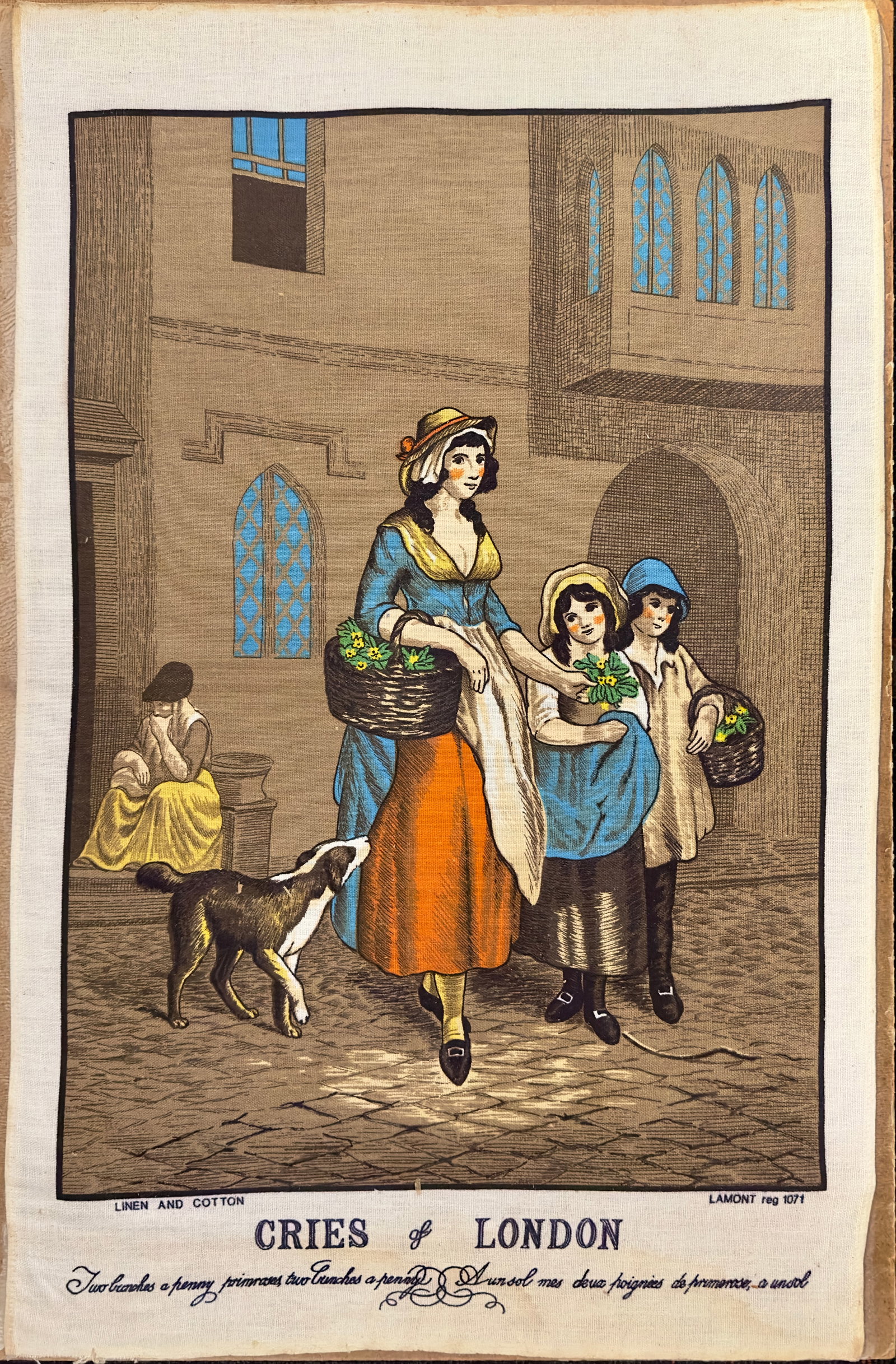 Two Bunches a Penny, Primroses by Francis Wheatley: Two Bunches a Penny, Primroses, Cries of London by Francis Wheatleyis a vintage tea towel made of linen and cotton in great condition. Manufactured by Lamont. Measures 24 x 16 in.