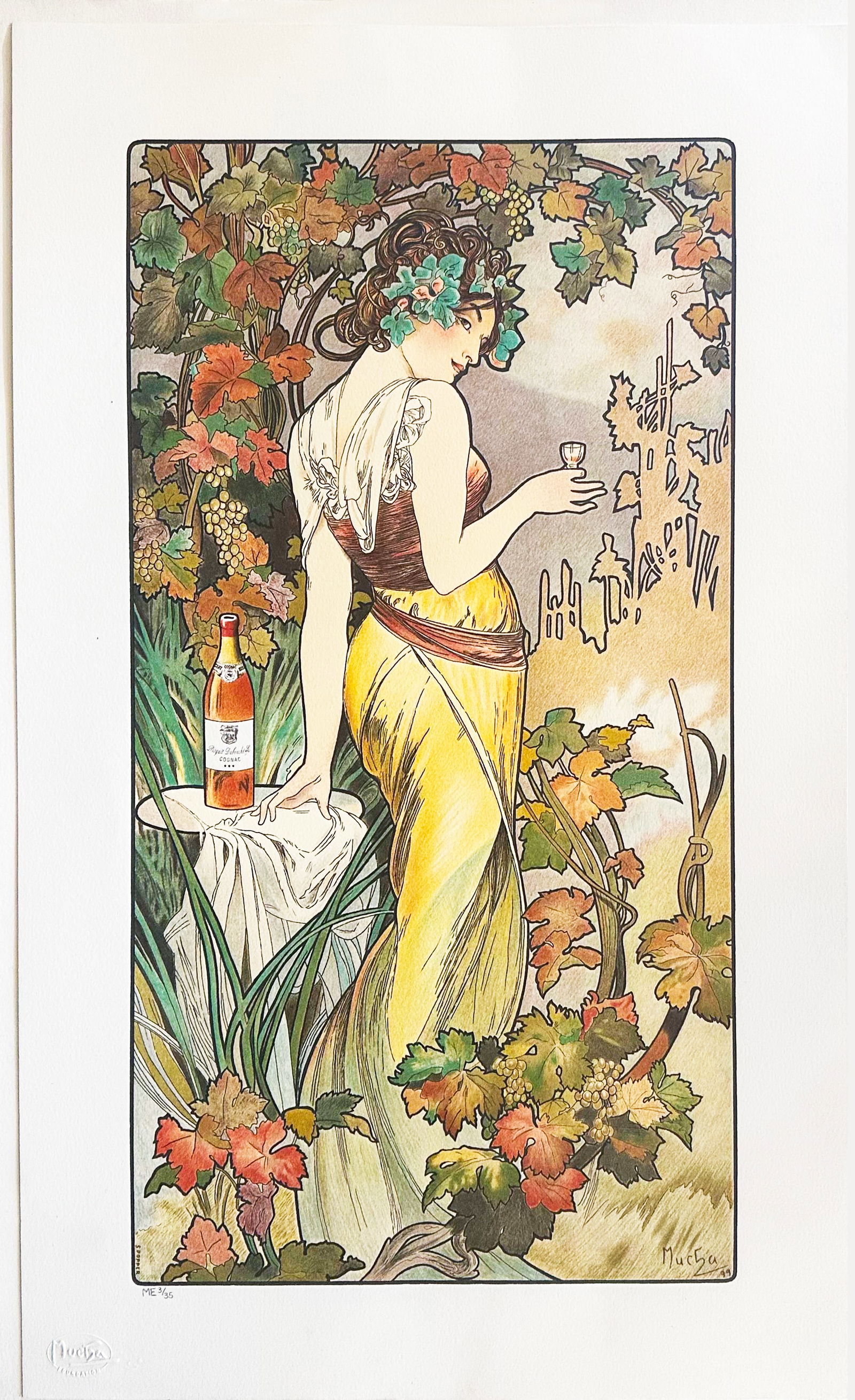Cognac Bisquit by Alphonse Mucha: Cognac Bisquit by Alphonse Muchais a Fine Art hand pulled Lithograph numbered ME 3/35. An autumn garden nymph delicately and seductively holds a glass of Bisquit Cognac in this classic Mucha advert. I