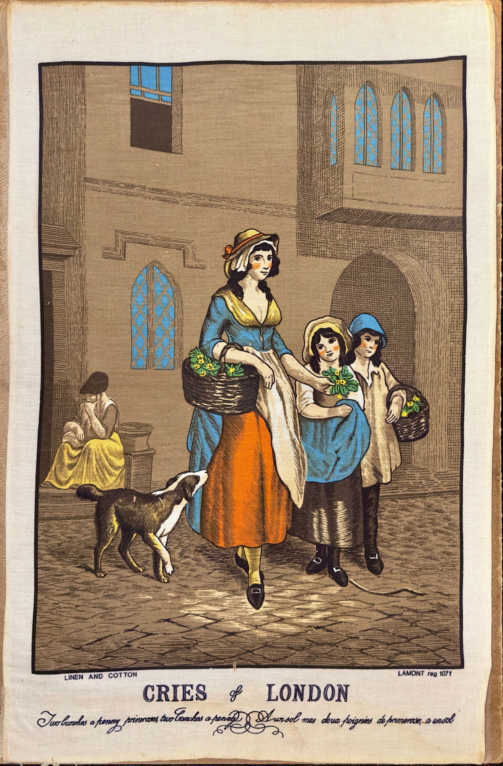 Two Bunches a Penny, Primroses by Francis Wheatley: Two Bunches a Penny, Primroses, Cries of London by Francis Wheatleyis a vintage tea towel made of linen and cotton in great condition. Manufactured by Lamont. Measures 24 x 16 in.