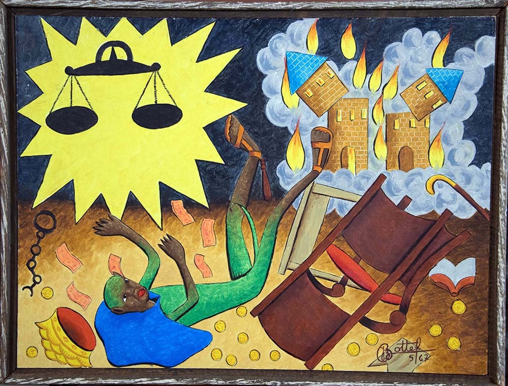 Chute d'un ange (Fall of the Angel) - Haitian Painting by Jean-Baptiste Bottex: Framed, Oil on Masonite