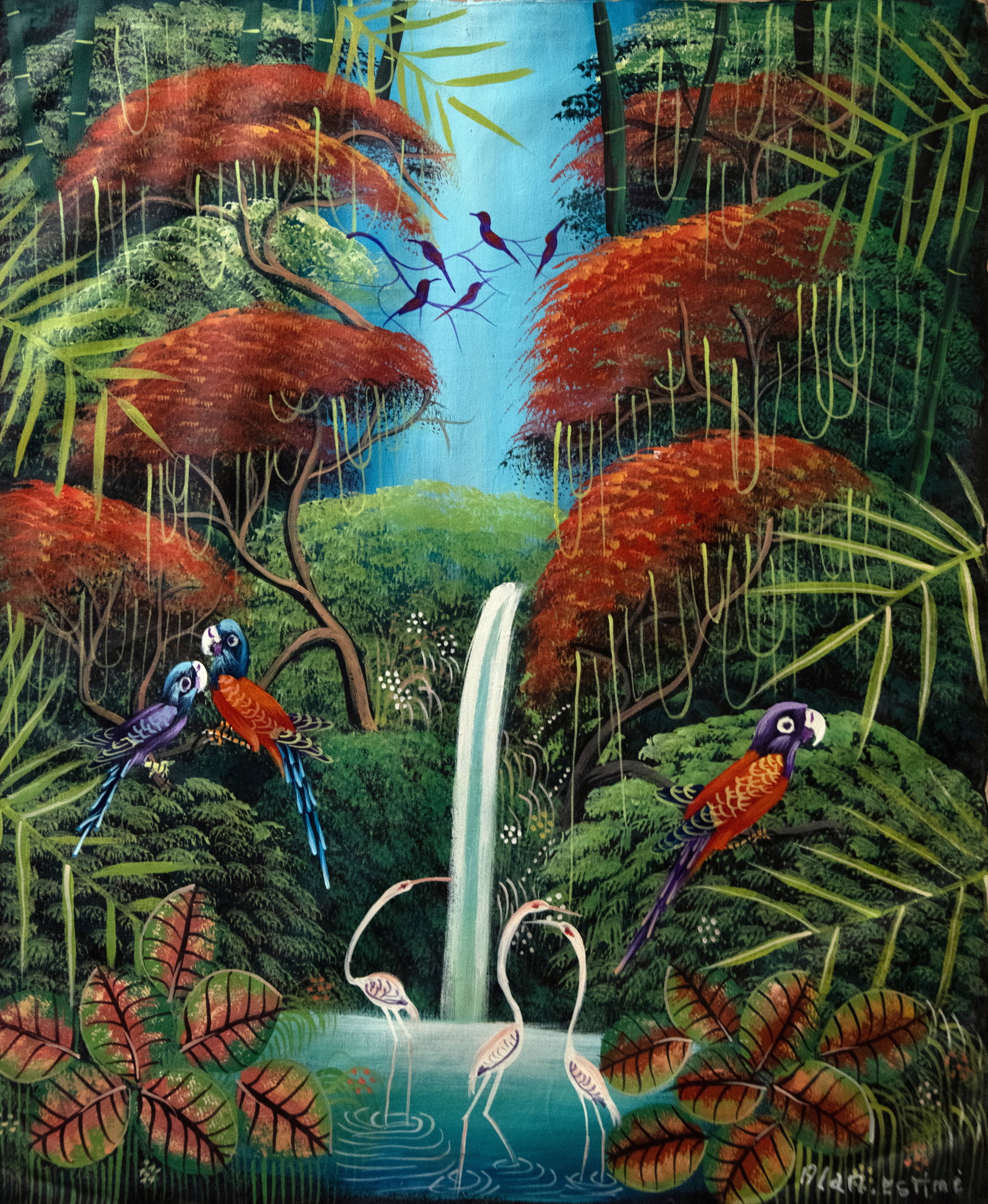 Parrots/Flamboyant Tree - Haitian Painting by Aland Estime: No Frame, Not Stretched, Acrylic on Canvas