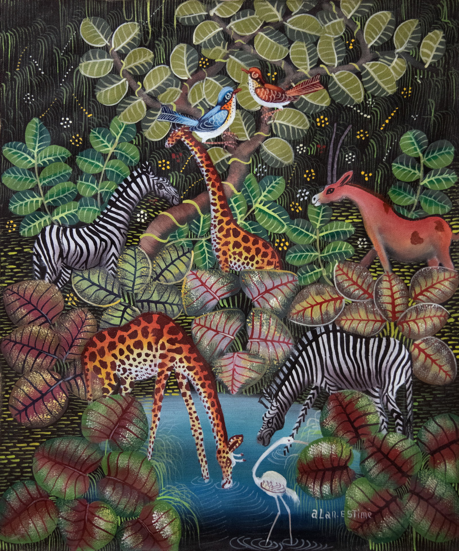 Antelope/Giraffes/Zebra - Haitian Painting by Aland Estime: No Frame, Not Stretched, Acrylic on Canvas