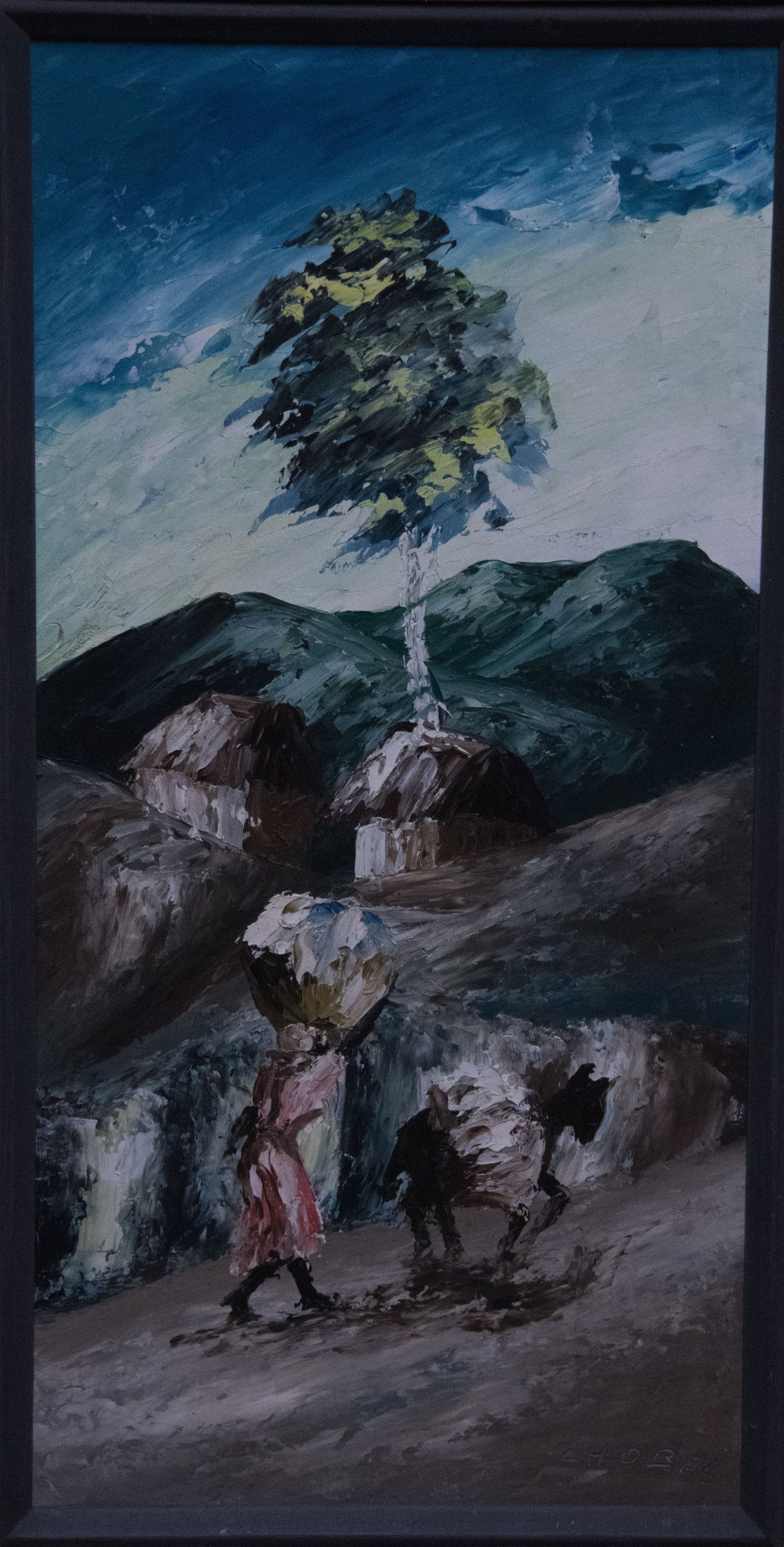 Woman with Donkey - Haitian Painting by Charles Obas: Framed, Slight Water Damage, Oil on Panel