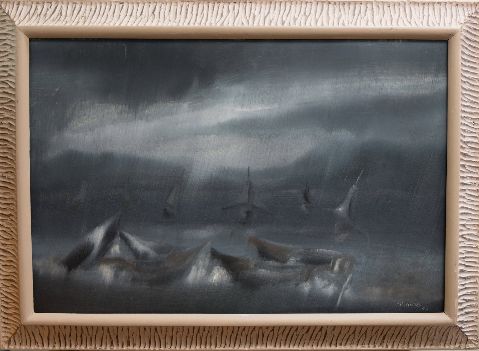 Sailboats on Stormy Seas - Haitian Painting by Charles Obas: Framed, Oil on Masonite