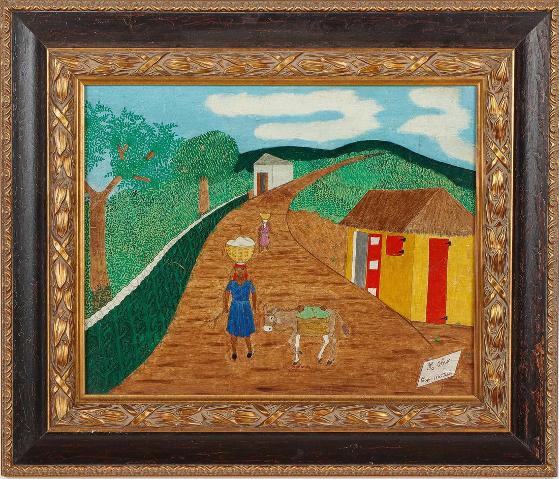 Woman with Donkey - Haitian Painting by Henri-Claude Obin: Framed, Oil on Board