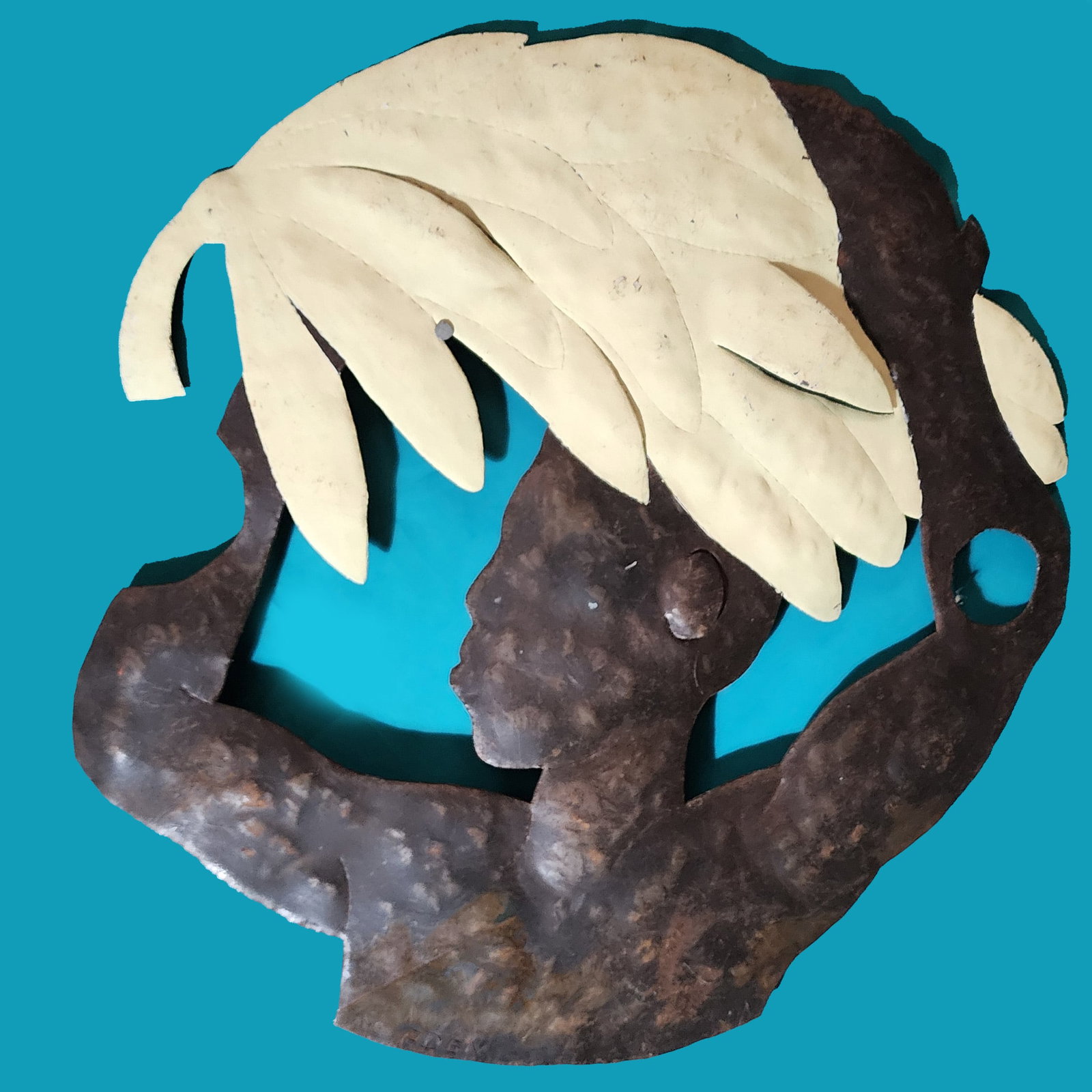 Man with Bananas on Head - Haitian Metal Sculpture by Aden: Unfinished Metal, Metal