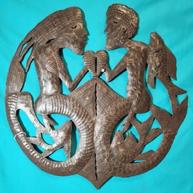 Merman and Mermaid with Heart - Haitian Metal Sculpture by Jonas Balan