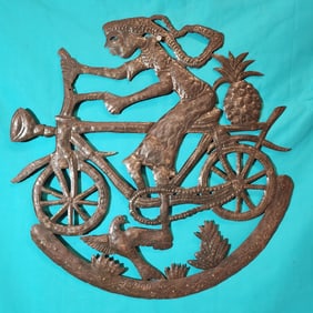 Girl Riding Bike with Pineapple - Haitian Metal Sculpture by Jonas Balan