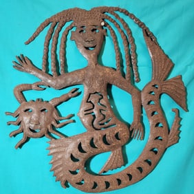 Pregnant Mermaid with Crab - Haitian Metal Sculpture by Jonas Balan