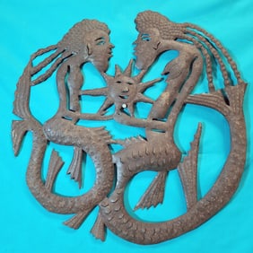 Mermaid Couple Holding Sun - Haitian Metal Sculpture by Jonas Balan