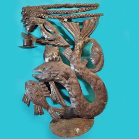 Mermaid Riding Eel on Stand - Haitian Metal Sculpture by Jonas Balan