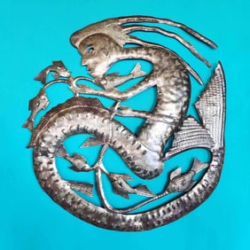 Mermaid with Fish - Haitian Metal Sculpture by Jonas Balan