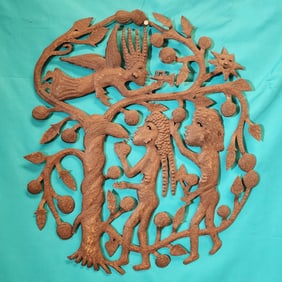 Adam and Eve Picking Fruit - Haitian Metal Sculpture by Romel Balan