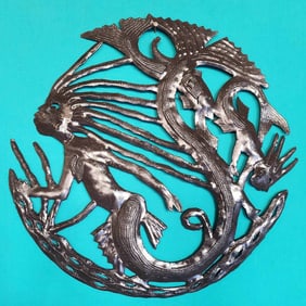 Two Sirens and a Fish - Haitian Metal Sculpture by Romel Balan