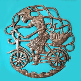 Girl Riding a Bike with Fruit Basket - Haitian Metal Sculpture by J.P. Bernard