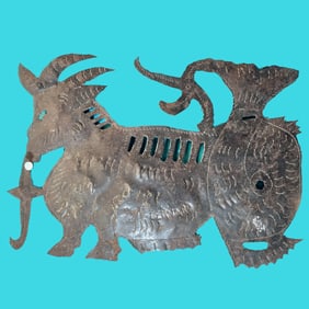 Goat with Fish - Haitian Metal Sculpture by J.P. Bernard