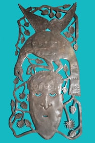 Face with Bird on Head - Haitian Metal Sculpture by Gabriel Bien-Aime