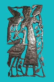 Man Surrounded by Birds - Haitian Metal Sculpture by Gabriel Bien-Aime