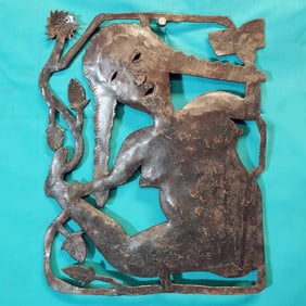 Girl with Flowers - Haitian Metal Sculpture by Gabriel Bien-Aime