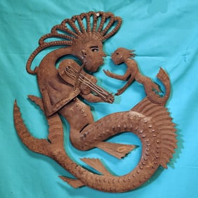 Mermaid Playing the Violin - Haitian Metal Sculpture by Julien Galan