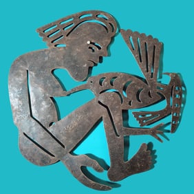 Woman with Chicken - Haitian Metal Sculpture by Serge Jolimeau